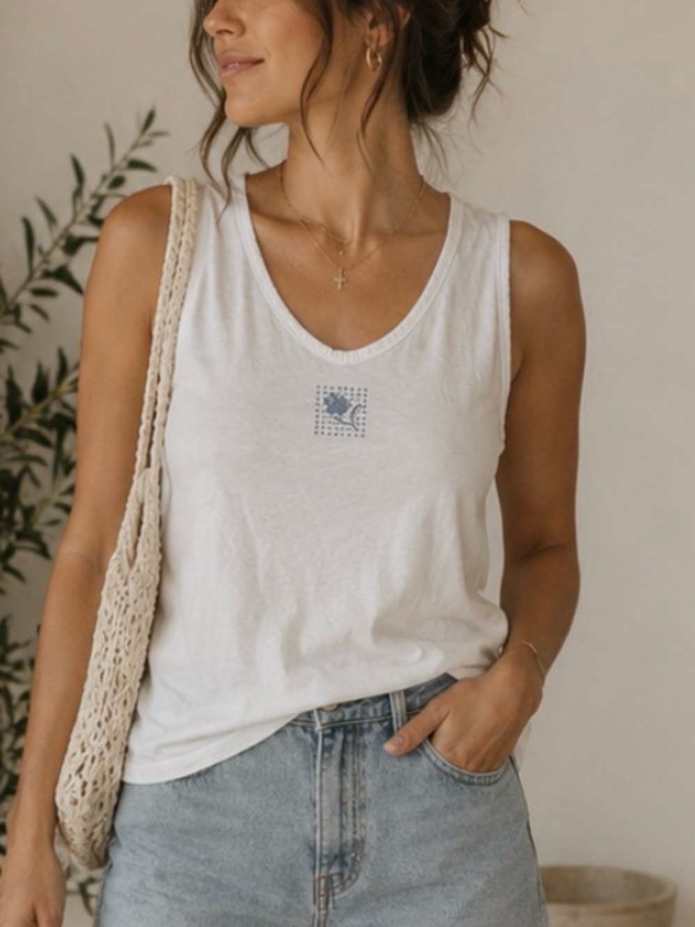 Vintage L.L. Bean White Tank Top with Blue Floral Motif